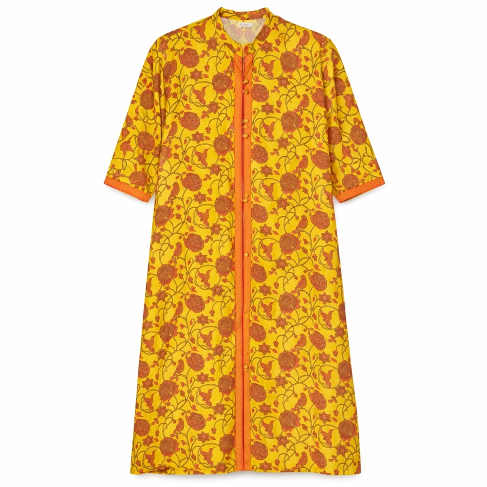 Yellow Floral Mandarin Collar Kimono Dress
